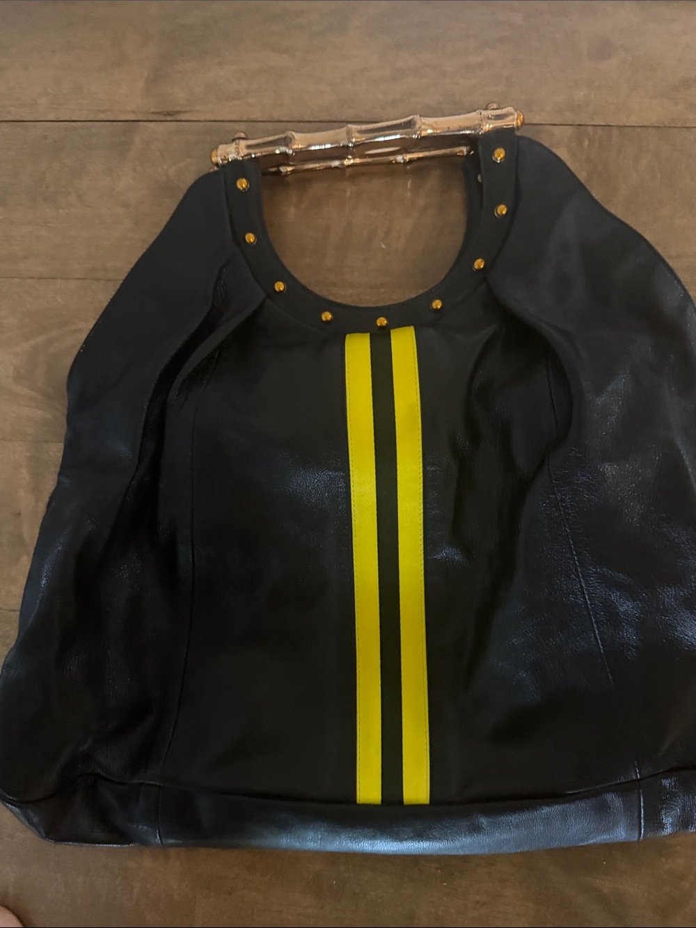 Gucci Black Leather Tote with Yellow Racing Stripes and Bamboo Handle